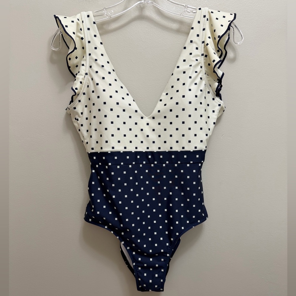 Summersalt The Ruffle Backflip One Piece Swimsuit Square Dot Blue Ivory Size 4 - Picture 3 of 12
